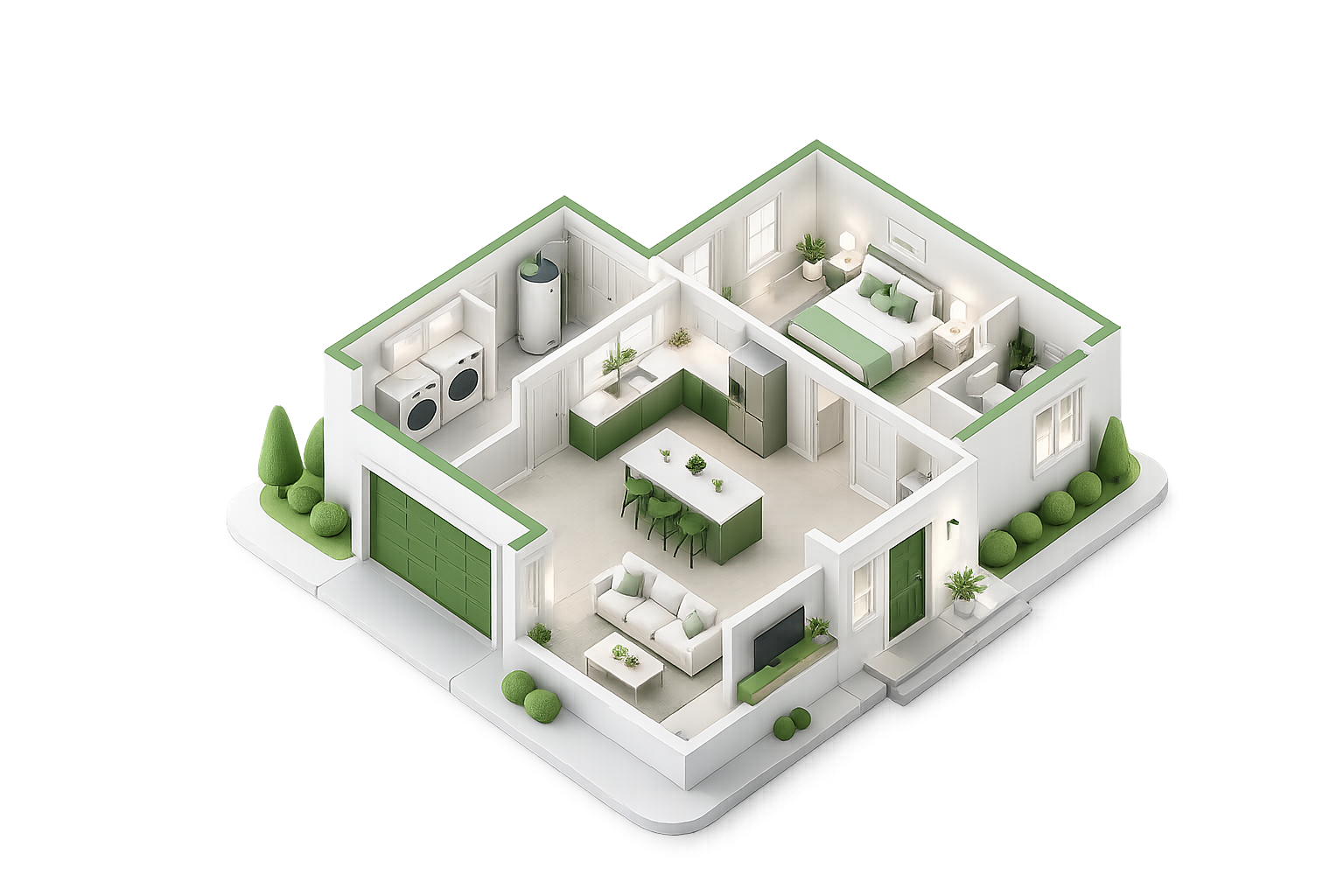 Isometric cutaway home illustrating covered rooms, systems, and appliances